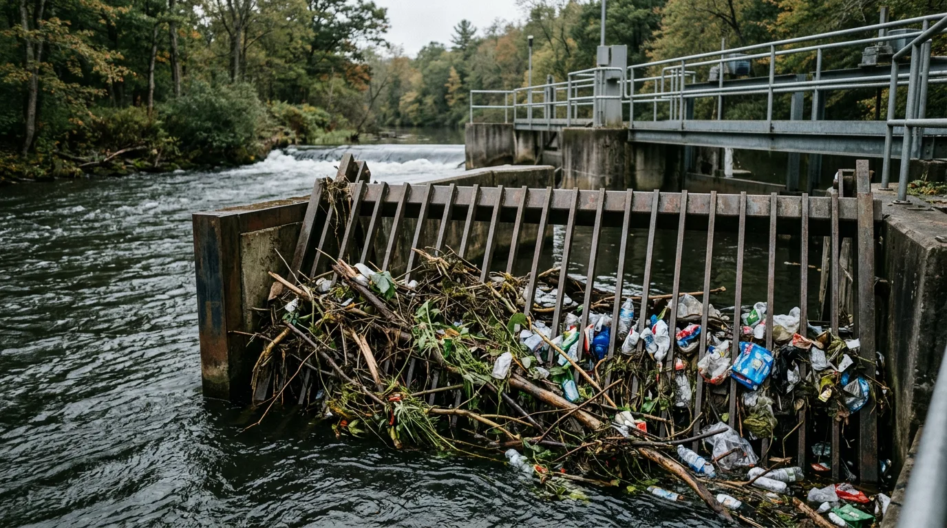 Müll und Treibgut am Einlaufrechen eines Wasserkraftwerks