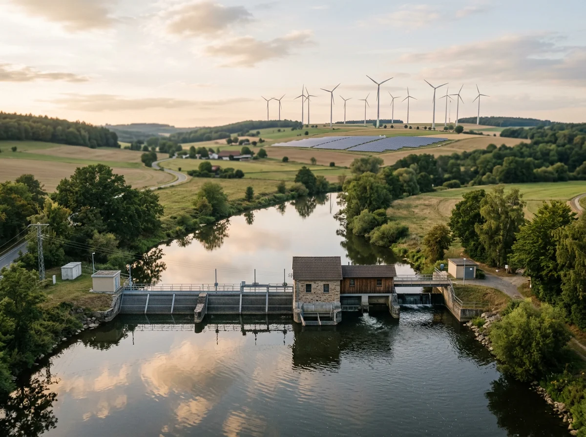 Flusskraftwerk neben Windrädern und Solarpark