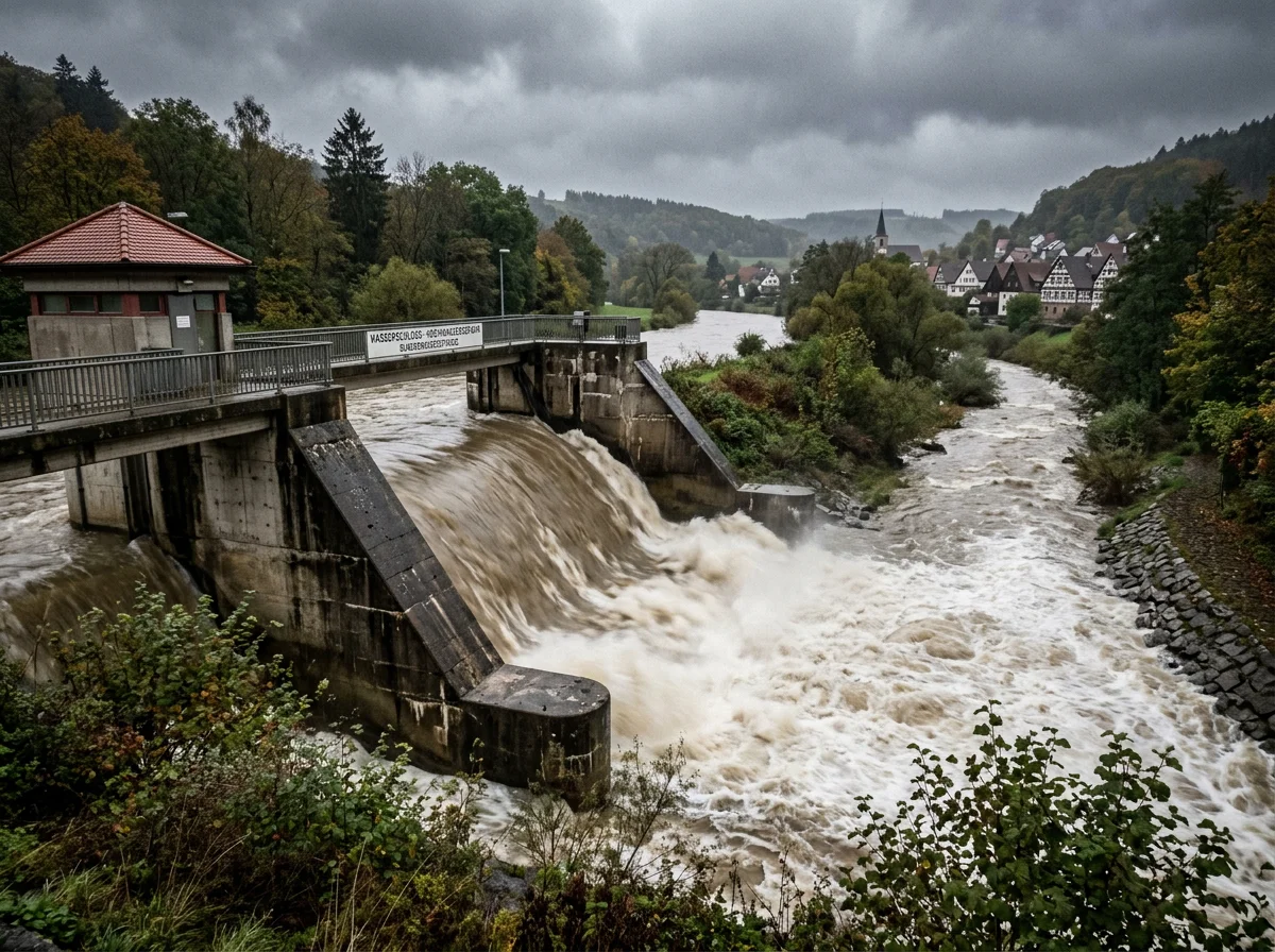 Wehranlage an einem Fluss bei erhöhtem Wasserstand