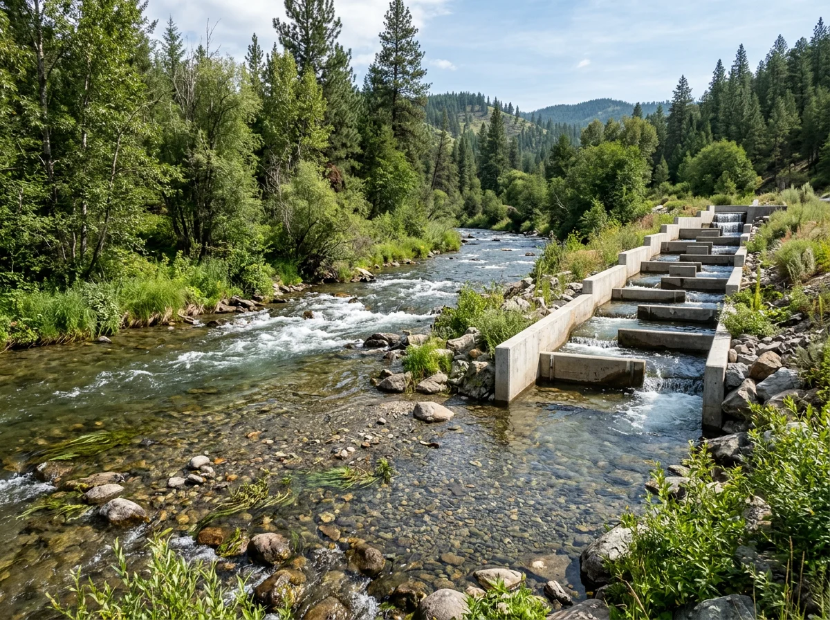 Naturnaher Flussabschnitt mit klarem Wasser und Fischtreppe